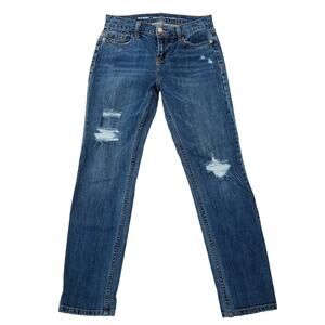 Distressed Boyfriend Straight Jeans Old Navy Size 0 Crop Dark Stretch Denim